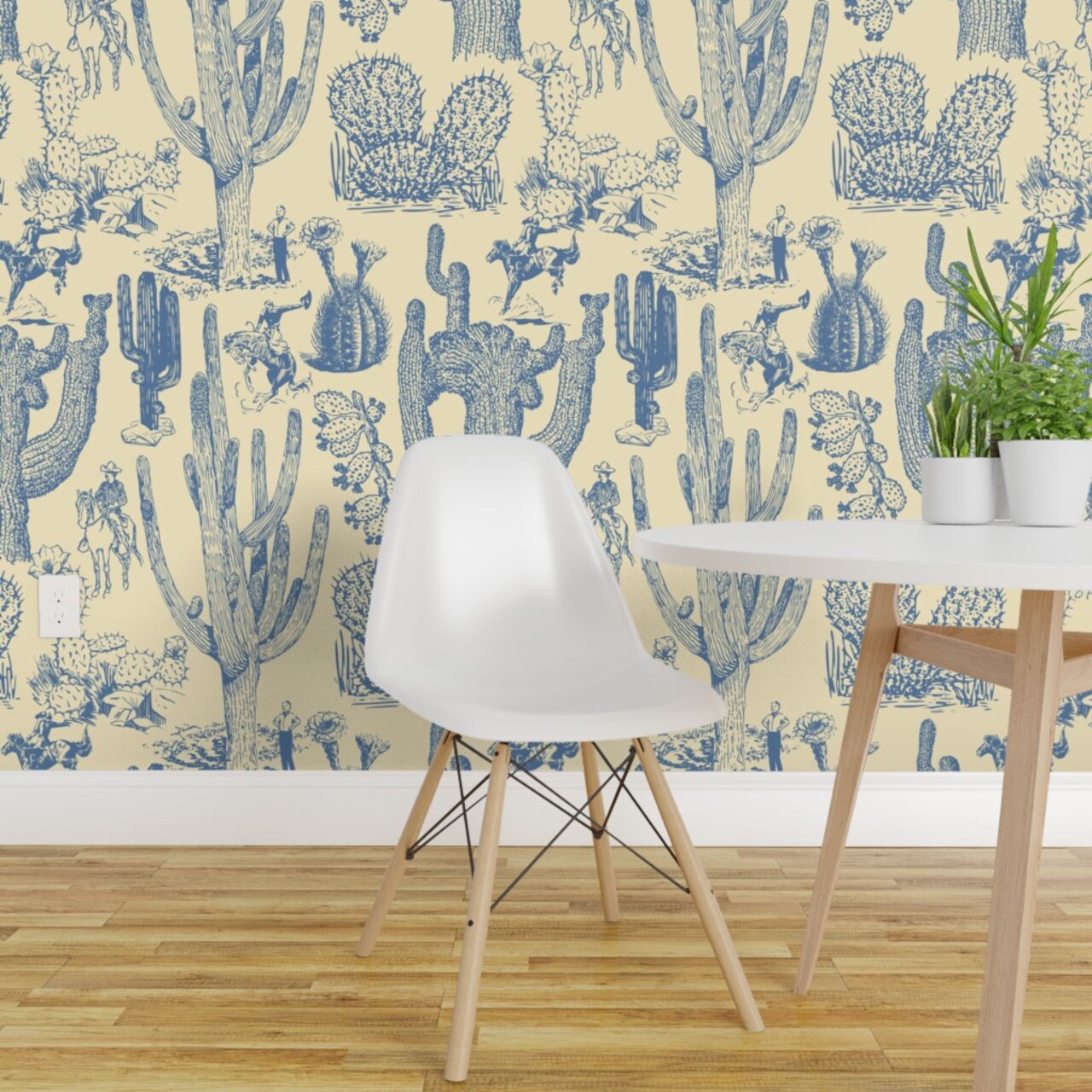 Peel & Stick Wallpaper 2FT Wide Western Cowboy Cowgirl Toile Cactus Chinoiserie Southwestern Cacti Rustic Custom Removable Wallpaper by Spoonflower